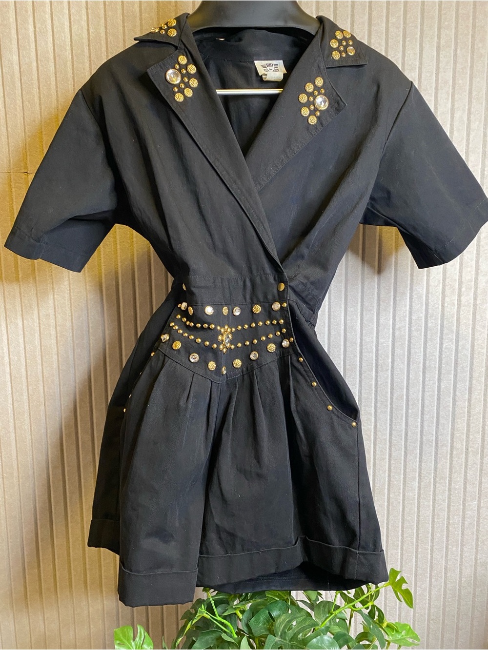 RIO INC 80’s Jeweled Studded Denim Romper Jumpsuit Black Size Small Vintage